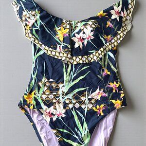 Trina Turk Fiji Floral Ruffle One Piece Swimsuit sz 4 Bathing Suit Navy Blue